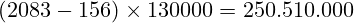  \Large (2083-156) \times 130000 =  250.510.000 